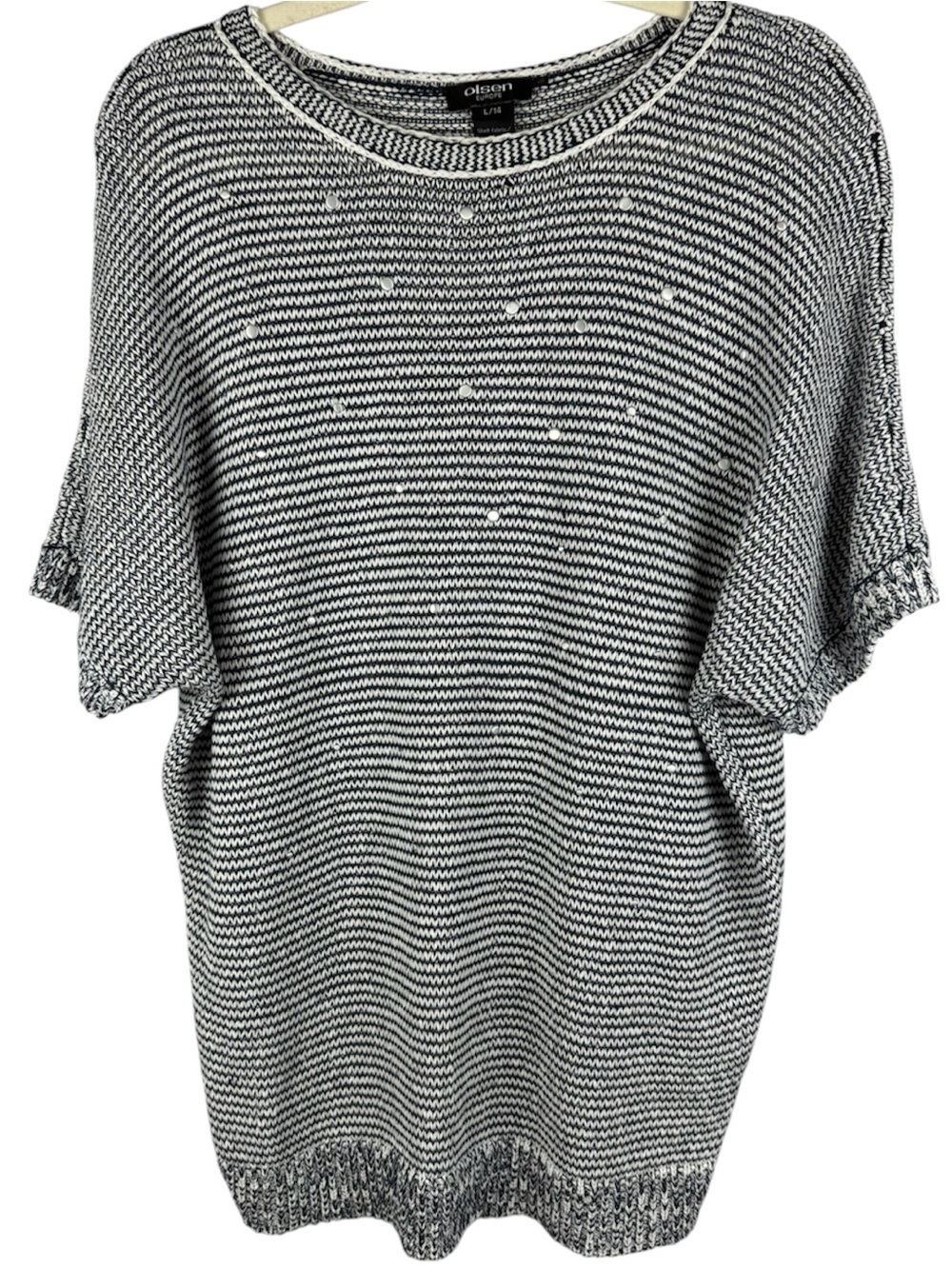 Olsen Europe Cotton Blend Navy White Chunky Knit Studded Dolman Short Sleeve Top